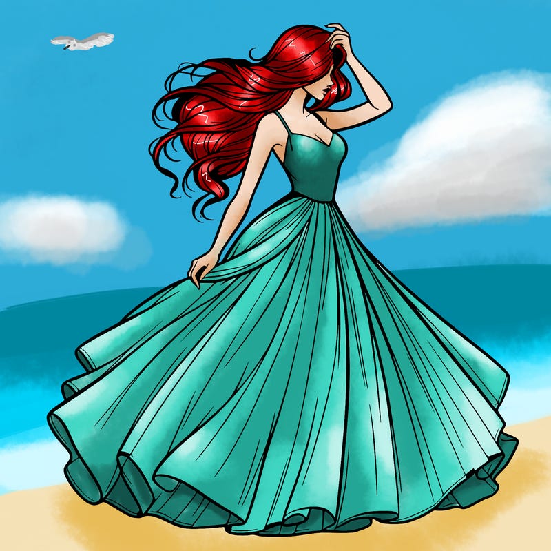 realistic woman with dress flowing in the wind