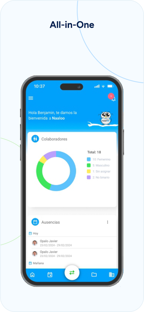 Naaloo - Naaloo mobile app dashboard displaying employee demographics donut chart and staff absence records