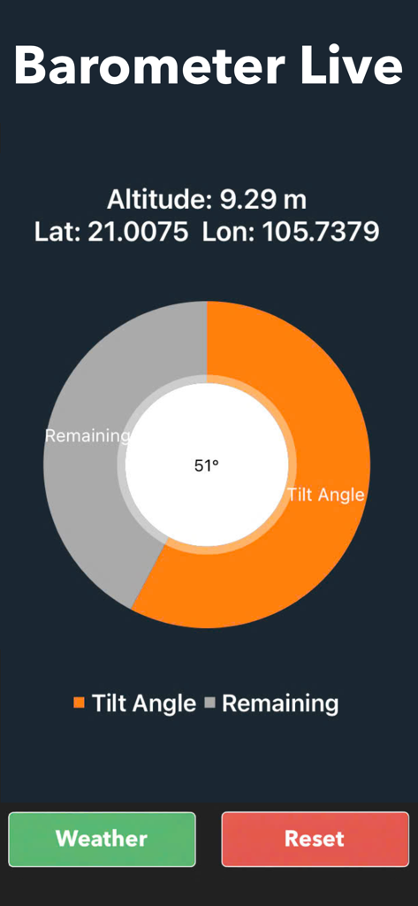 Interface of the Barometer Live app displaying a 51 degree tilt angle measurement along with current altitude and GPS coordinates.