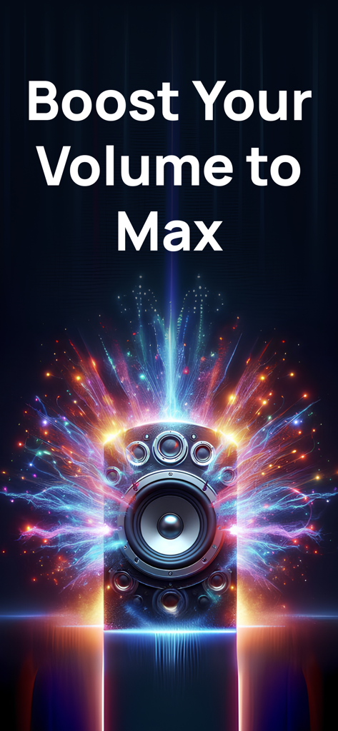 Volume Booster ° - Gráfico de altavoz potente con chispas de energía coloridas y el texto 'Aumenta tu volumen al máximo'.