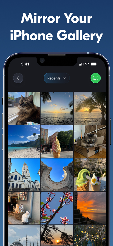 An iPhone displaying a photo gallery with a mirror your iPhone gallery headline and a cast icon for TV streaming