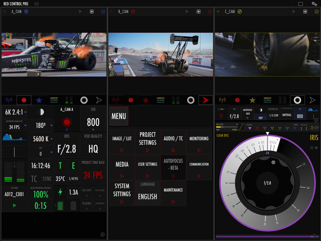 RED control pro - RED Control Pro interface showing live video feeds and professional camera settings for multiple devices