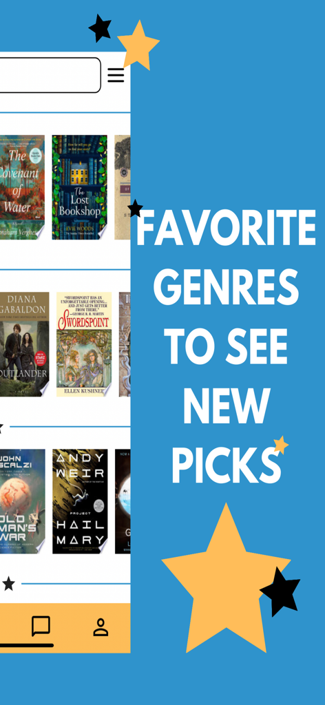 BookBase - BookBase mobile app screen displaying book covers and the text favorite genres to see new picks
