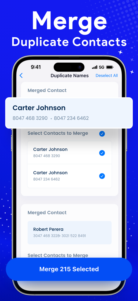 Cleaner: Free Up Storage Guru - A screenshot of the Cleaner app showing the interface for merging duplicate contacts on an iPhone.