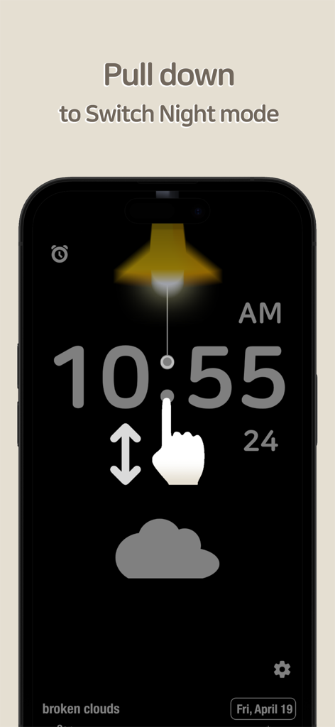 Red Clock - Weather & Alarm - Screenshot of the Red Clock app showing a user pulling down a virtual lamp cord to switch to night mode