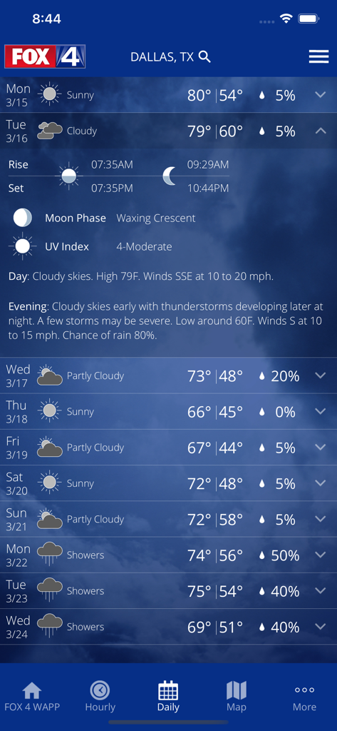 FOX 4 weather app interface showing a 10 day daily forecast for Dallas Texas