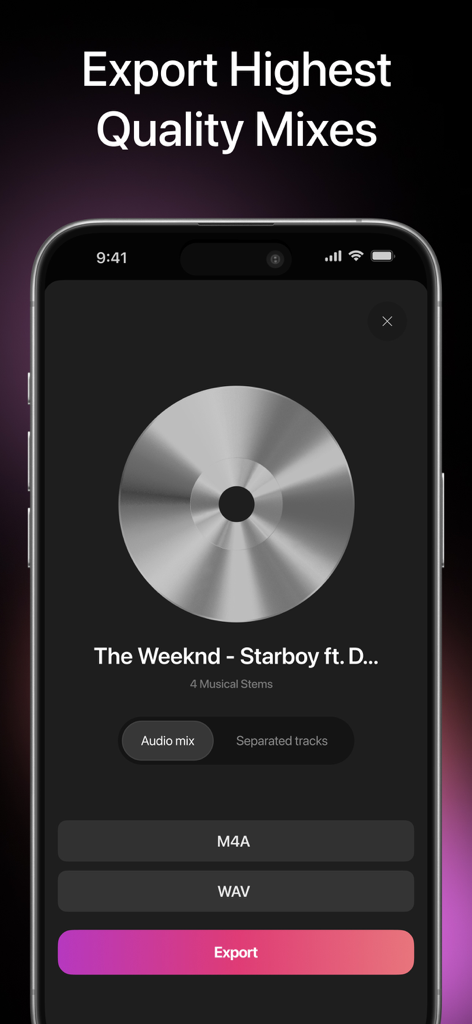 Vocal Remover - Melodify - 고품질 오디오 믹스와 분리된 트랙을 저장하는 옵션을 보여주는 Melodify 앱 내보내기 화면