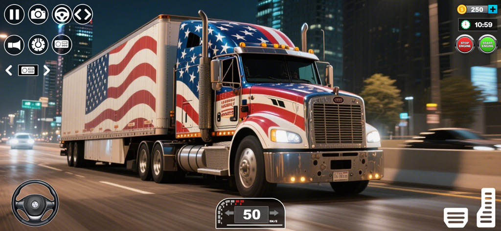 Una simulación 3D de un camión semirremolque con calcomanías de la bandera americana conduciendo por una autopista de la ciudad por la noche