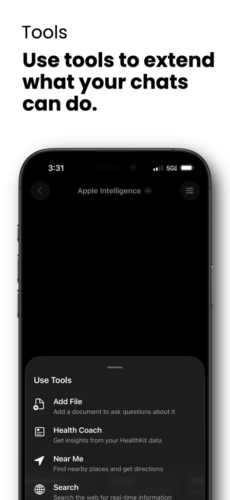 Nativ - Local AI - Nativ app interface showing various tools to extend local AI chat functionality including file analysis and health insights.