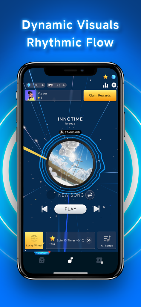 Hi Beatz - Hi Beatz app interface showing a music selection screen with dynamic visuals and a circular player.