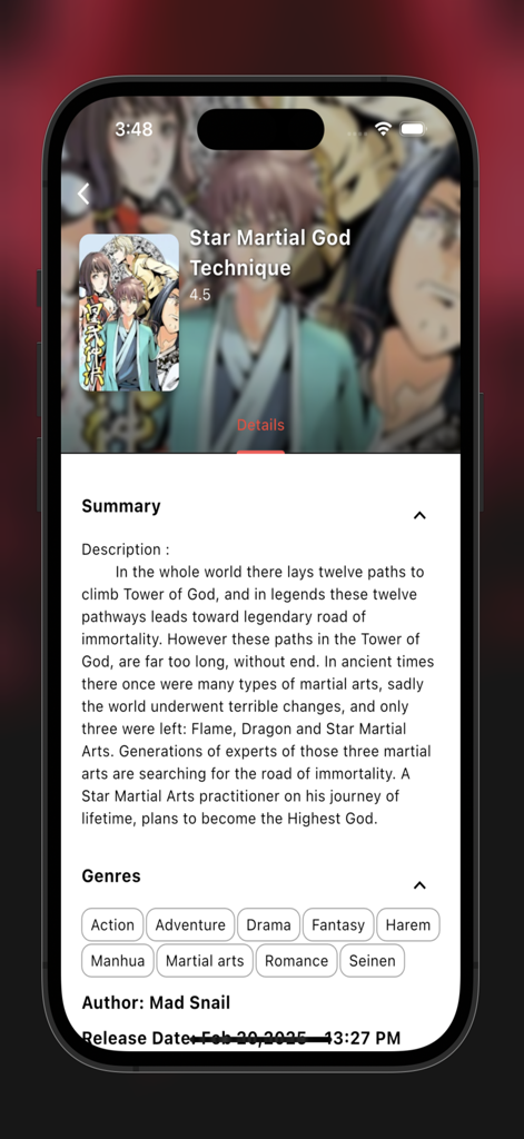 Capture d'écran de l'application MangaGo affichant des informations détaillées pour Star Martial God Technique, y compris le résumé et les tags de genre.