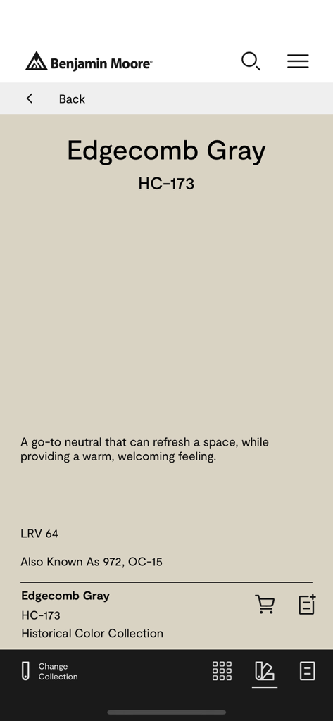 Color Portfolio - Benutzeroberfläche der Benjamin Moore Color Portfolio App mit Details zur Farbe Edgecomb Gray HC-173.