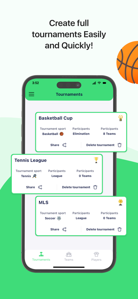 PlayoffZone: Tournament maker - PlayoffZone mobile app interface displaying multiple sports tournaments including basketball and tennis