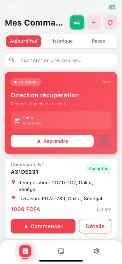Yoni Deliver - Interfaccia dell'app mobile Yoni Deliver che mostra gli ordini di consegna correnti e i dettagli del ritiro.