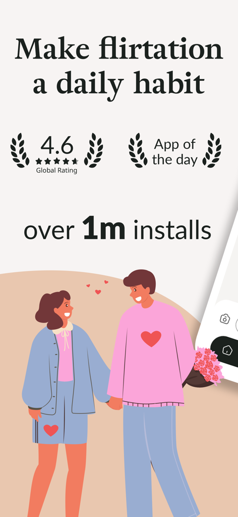Coral: Couples & Relationship - Promotional screen for Coral app featuring a 4.6 rating and over 1 million installs with a couple illustration