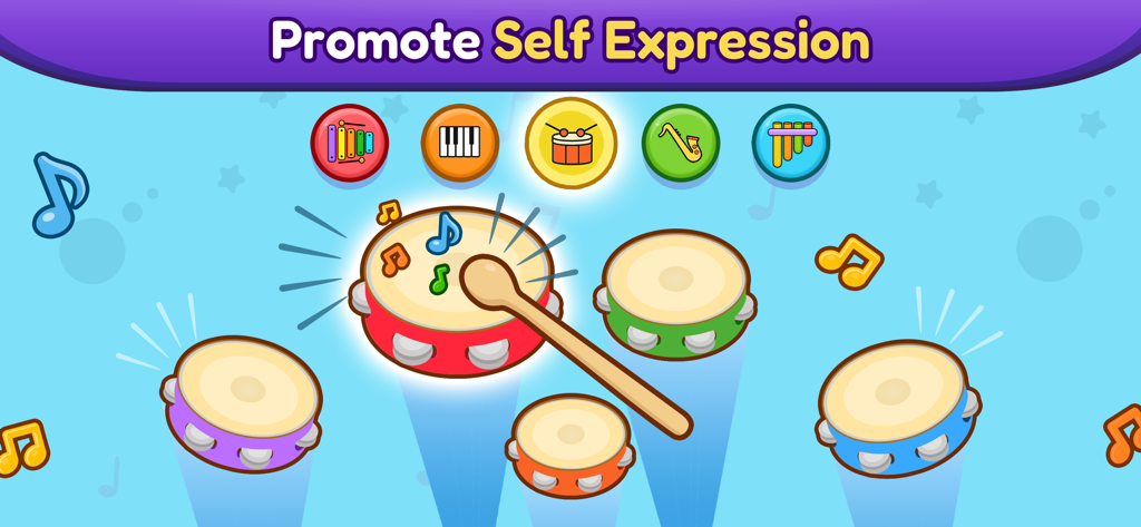 Baby Piano, Drums, Xylo & more - A colorful toddler app interface showing multiple drums and musical instrument icons under the text Promote Self Expression