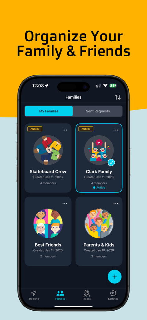 Haven: Find Phone Location - La pantalla Familias en la app Haven mostrando varios círculos de seguridad privados para rastrear a los seres queridos