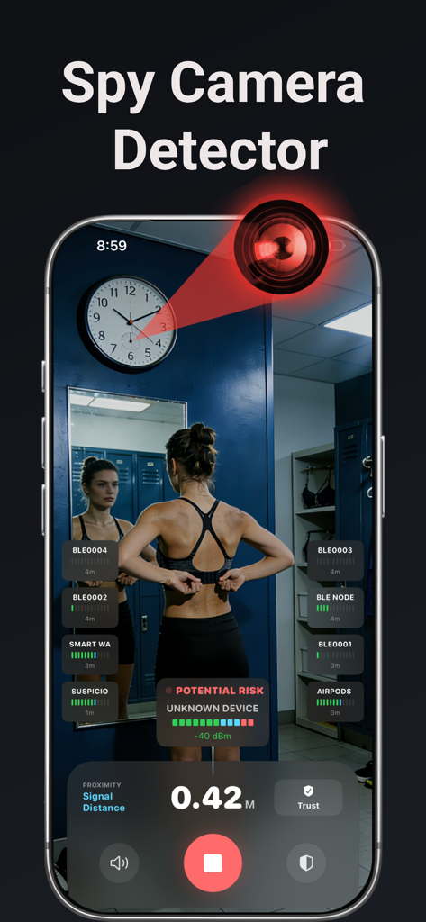 SYXO : Camera Tracker Detector - Interface do aplicativo SYXO escaneando câmeras ocultas e dispositivos de rastreamento em um vestiário