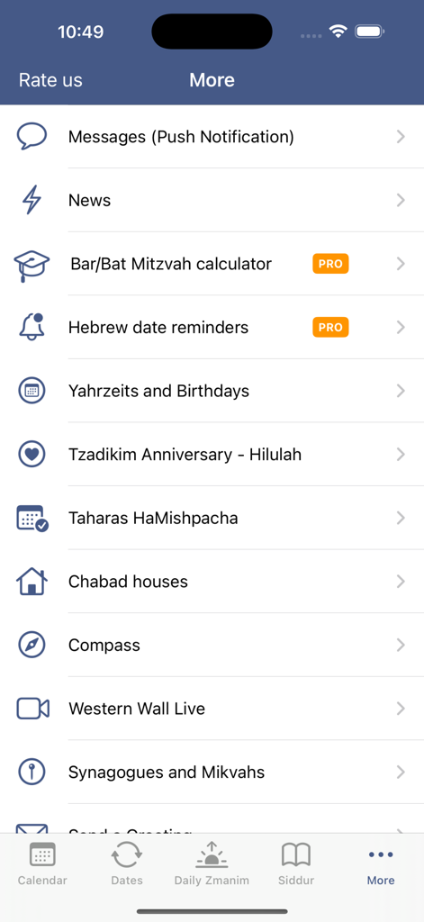 Interface showing the additional tools and calculators in the Hebrew Calendar mobile app