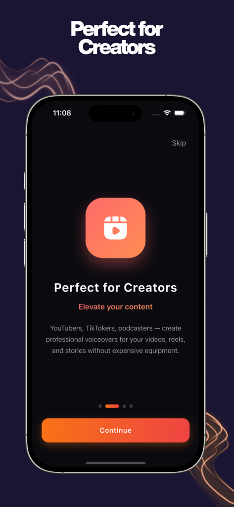 Revoicer AI app onboarding screen showing voiceover features for YouTubers and TikTokers