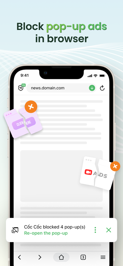 Cốc Cốc: Web Browser & Adblock - Pantalla de iPhone que muestra el navegador Coc Coc bloqueando múltiples anuncios emergentes en un sitio web.