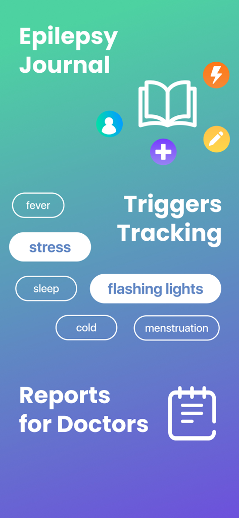 EpiCentr App-Oberfläche mit Epilepsie-Tagebuch, Auslöser-Tracking für Stress und blinkende Lichter und medizinische Berichte.