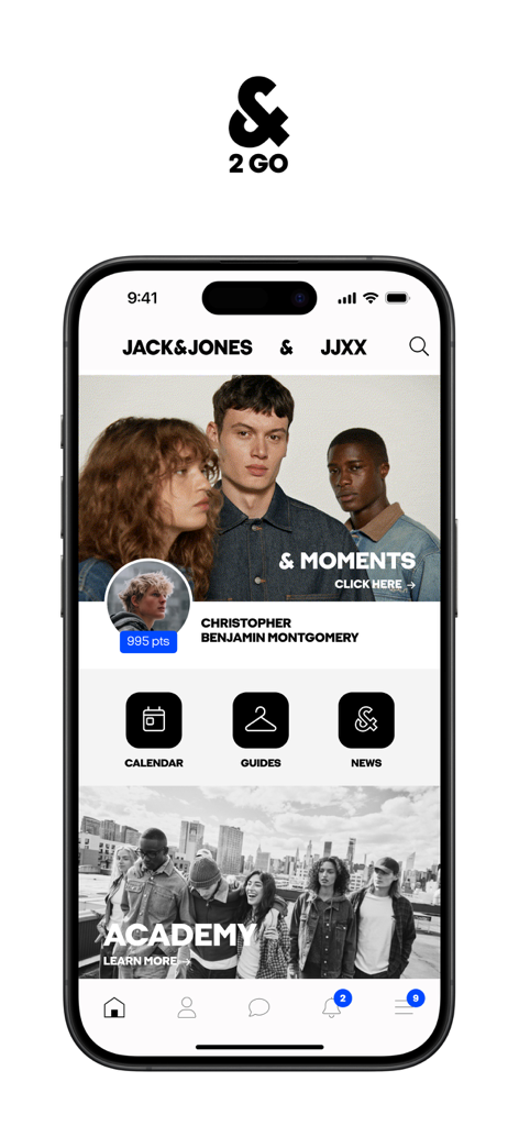 JJ2GO - JJ2GOアプリのインターフェース。小売ツールとアカデミーへのリンクが表示された従業員ダッシュボードを表示しています。