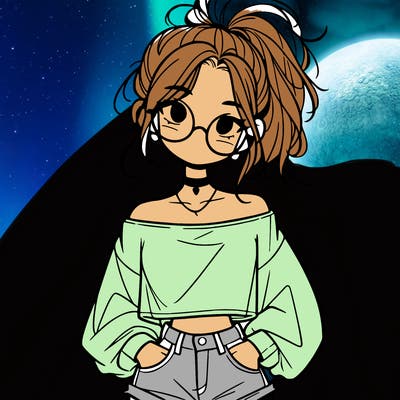 girl with a messy ponytail glasses a baggy crop top and jean shorts