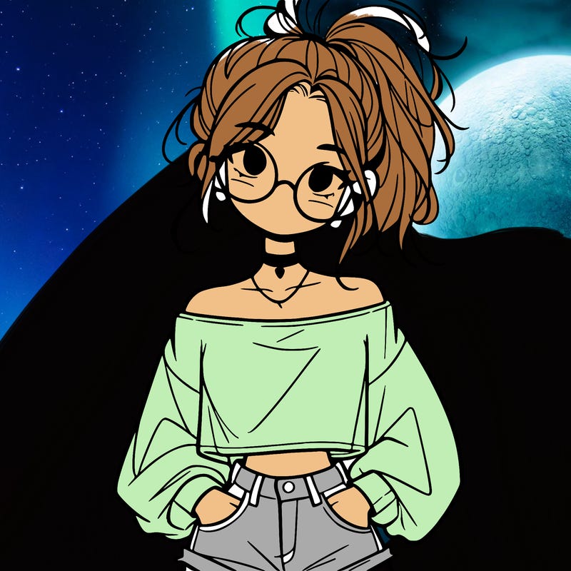 girl with a messy ponytail glasses a baggy crop top and jean shorts