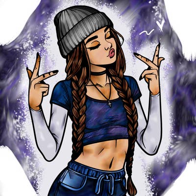 realistic teenage girl with braids and a beanie and crop top doing 🫶🏼