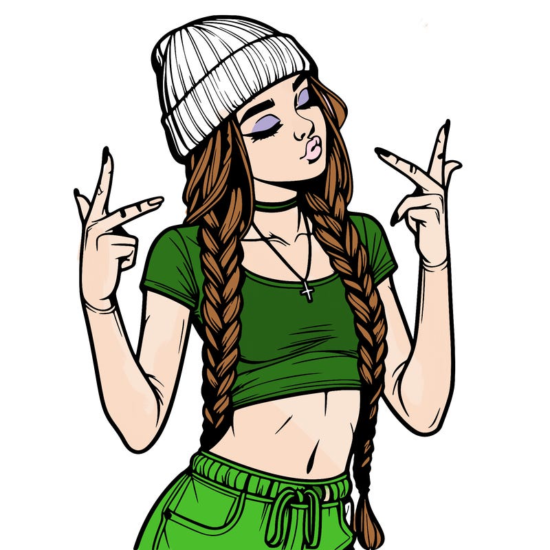 realistic teenage girl with braids and a beanie and crop top doing 🫶🏼