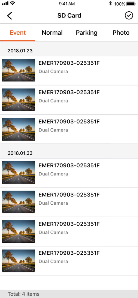 MiVue Pro app screen showing a list of dash cam event recordings on the SD card organized by date