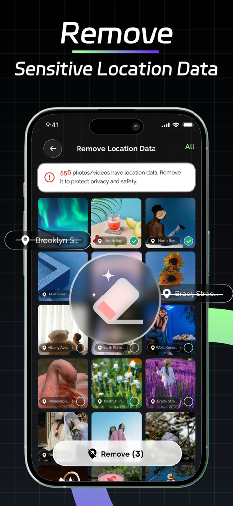 PixBox: Compress & Clean - Interface of PixBox app showing how to remove sensitive location metadata from photos
