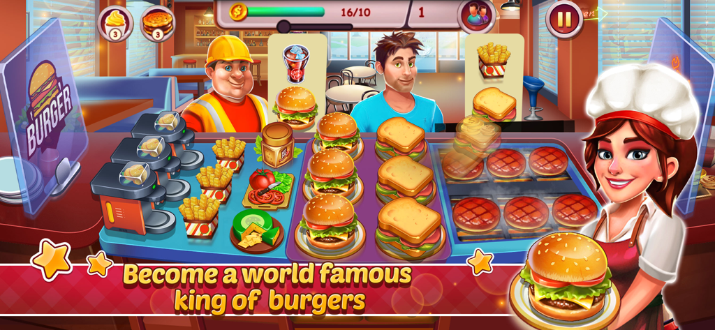 Kitchen Madness - Cooking Game - A female chef serving burgers and sandwiches to customers in a busy restaurant kitchen