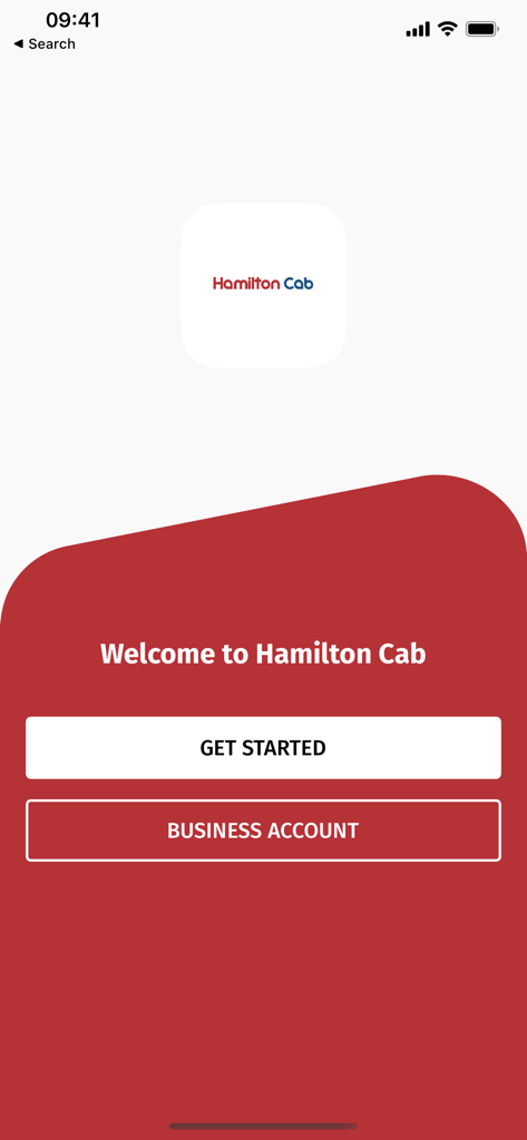 Hamilton Cab app welcome screen with buttons to get started or access a business account