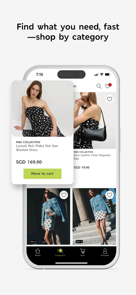 M&S ASIA – Fashion & Food - M and S ASIA app interface showing women fashion products with shop by category title