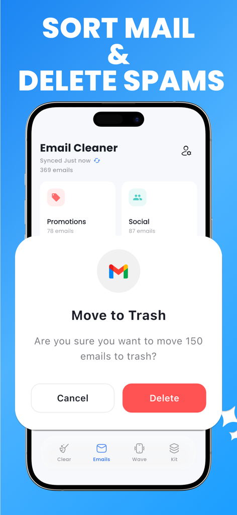 Captura de tela do recurso Limpador de E-mail no aplicativo Clean My Phone mostrando um prompt para mover e-mails de spam e promocionais para a lixeira