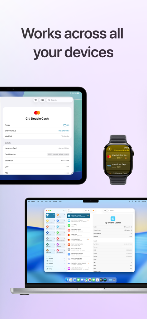 Uplock - Uplock app interface displayed on a MacBook, iPad, and Apple Watch illustrating secure data synchronization across multiple Apple devices