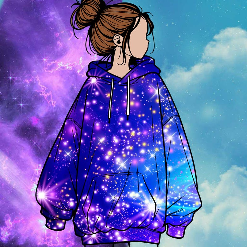 realistic girl with a oversized sweatshirt on and a bun