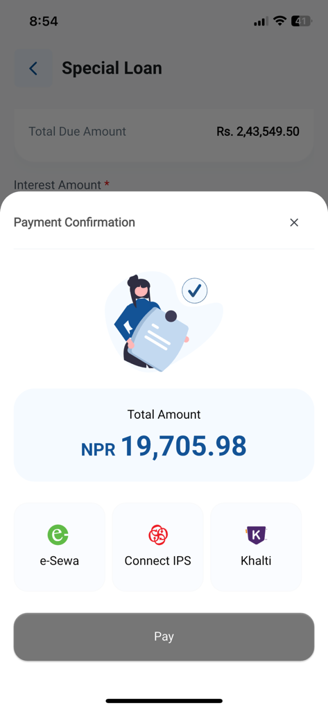 SSF - Nepal - Payment confirmation screen for a special loan in the SSF Nepal app