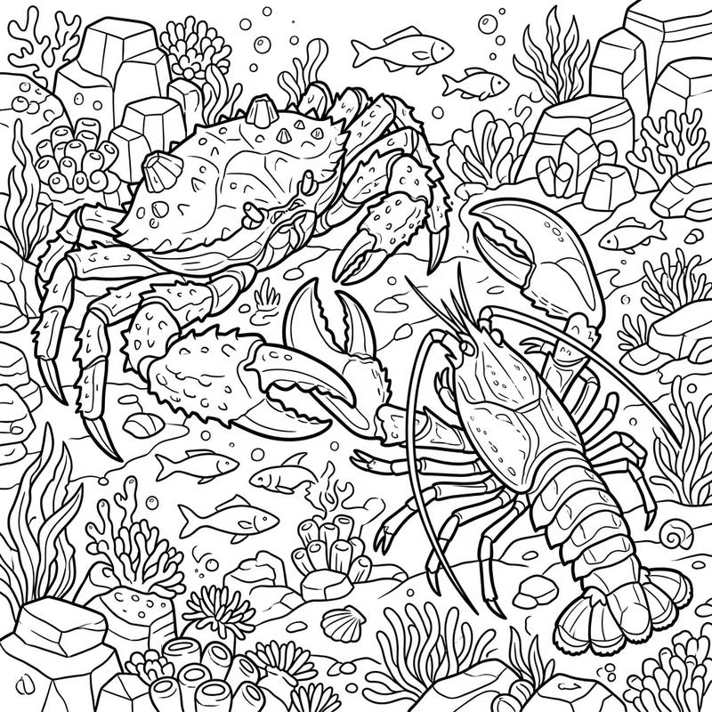 Explore the mysteries of the deep sea with this exciting coloring page featuring colossal crustaceans. Teens will love the intricate details of the majestic crab and powerful lobster in their vibrant underwater world.
