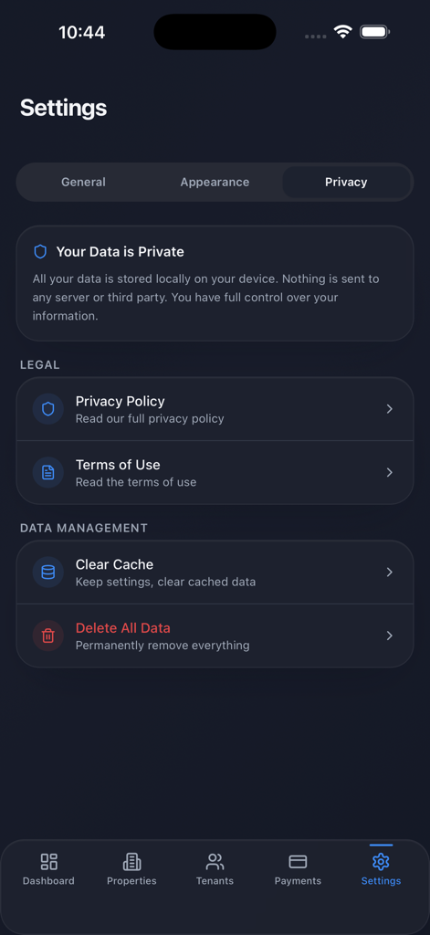 Privacy and data management settings screen in RentWise Manager app