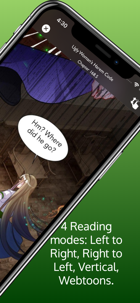 MangaKakalot-App-Oberfläche, die vier Lesemodi hervorhebt, darunter vertikal und Webtoons