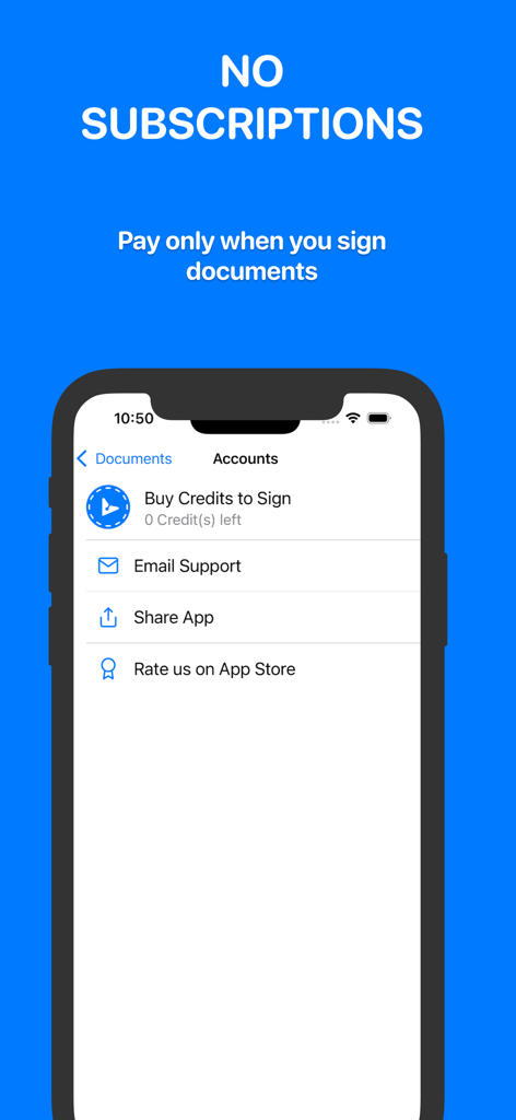 Sign Now: Scan & Sign PDF - Sign Now mobile app screen highlighting a no subscription pay per document credit model