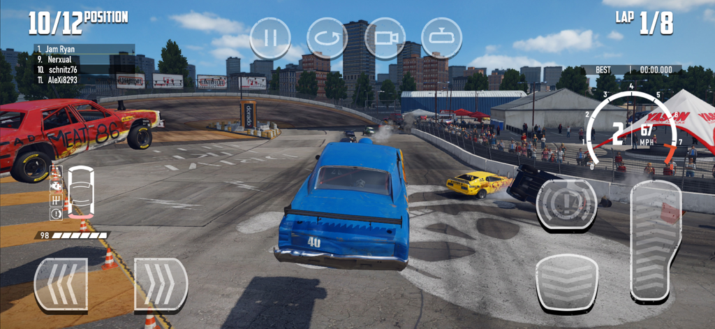 Gameplay of Wreckfest Try and Buy featuring a demolition derby race with car crashes and an urban track.