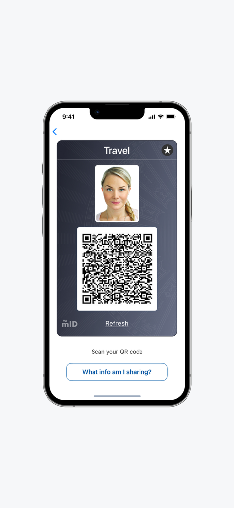 Virginia Mobile ID - Virginia Mobile ID app screen displaying a travel identity pass with a user photo and a QR code for secure verification