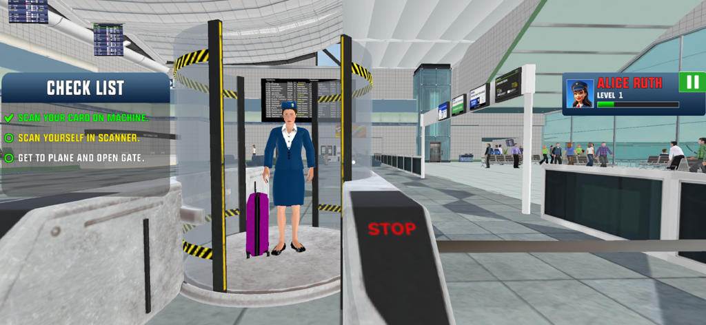 Pilot & Crew: Flight Duties - Eine Flugbegleiterfigur, die in einem Sicherheitsscanner in einem Flughafenterminal steht, mit einer auf dem Bildschirm angezeigten Aufgabencheckliste.