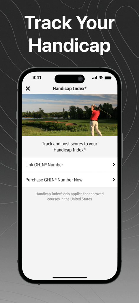 Screenshot of the Golfshot app showing the Handicap Index screen with options to track scores and link a GHIN number.