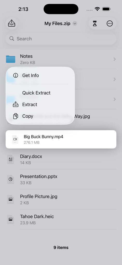 Unarchiver - ZIP, RAR - Interface of Unarchiver app on iPhone showing files inside a ZIP archive with a context menu for extraction options.