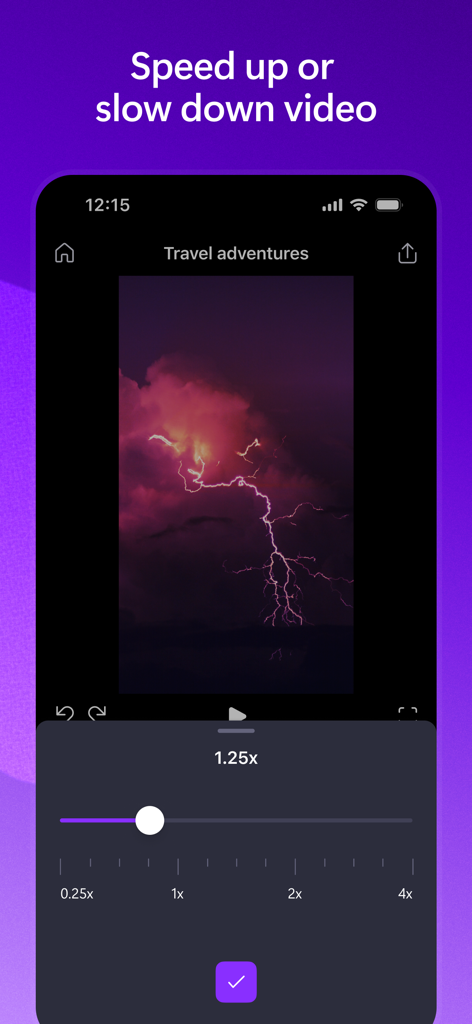 Mobile interface of Microsoft Clipchamp showing speed adjustment for a video